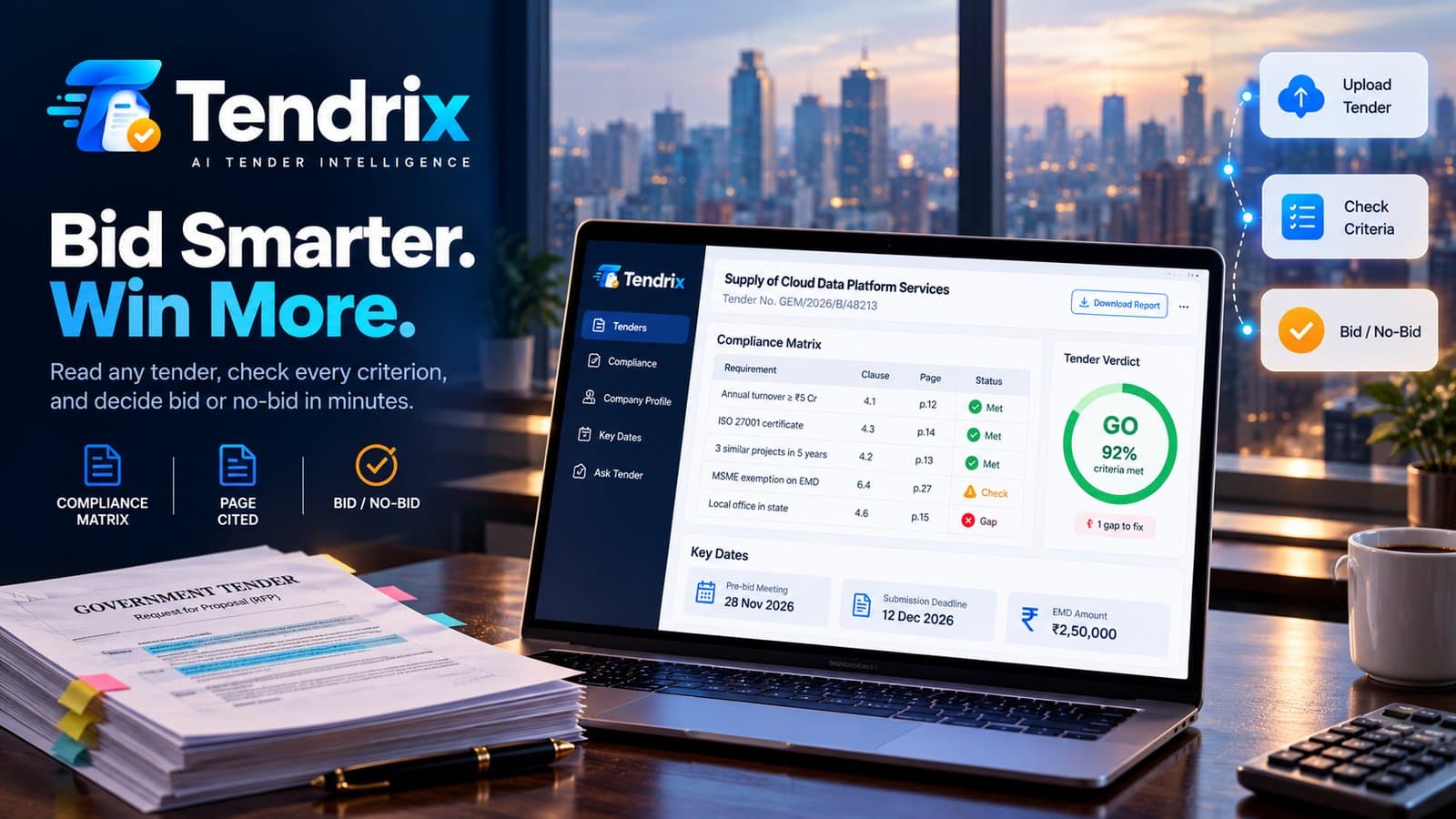Tendrix showing a tender's compliance matrix, verdict and key dates